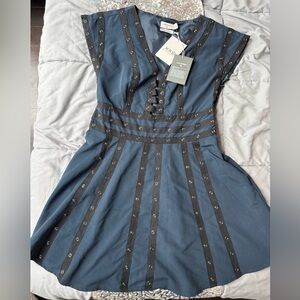 Zac Posen Navy and Black Stud-Trim Midi Dress